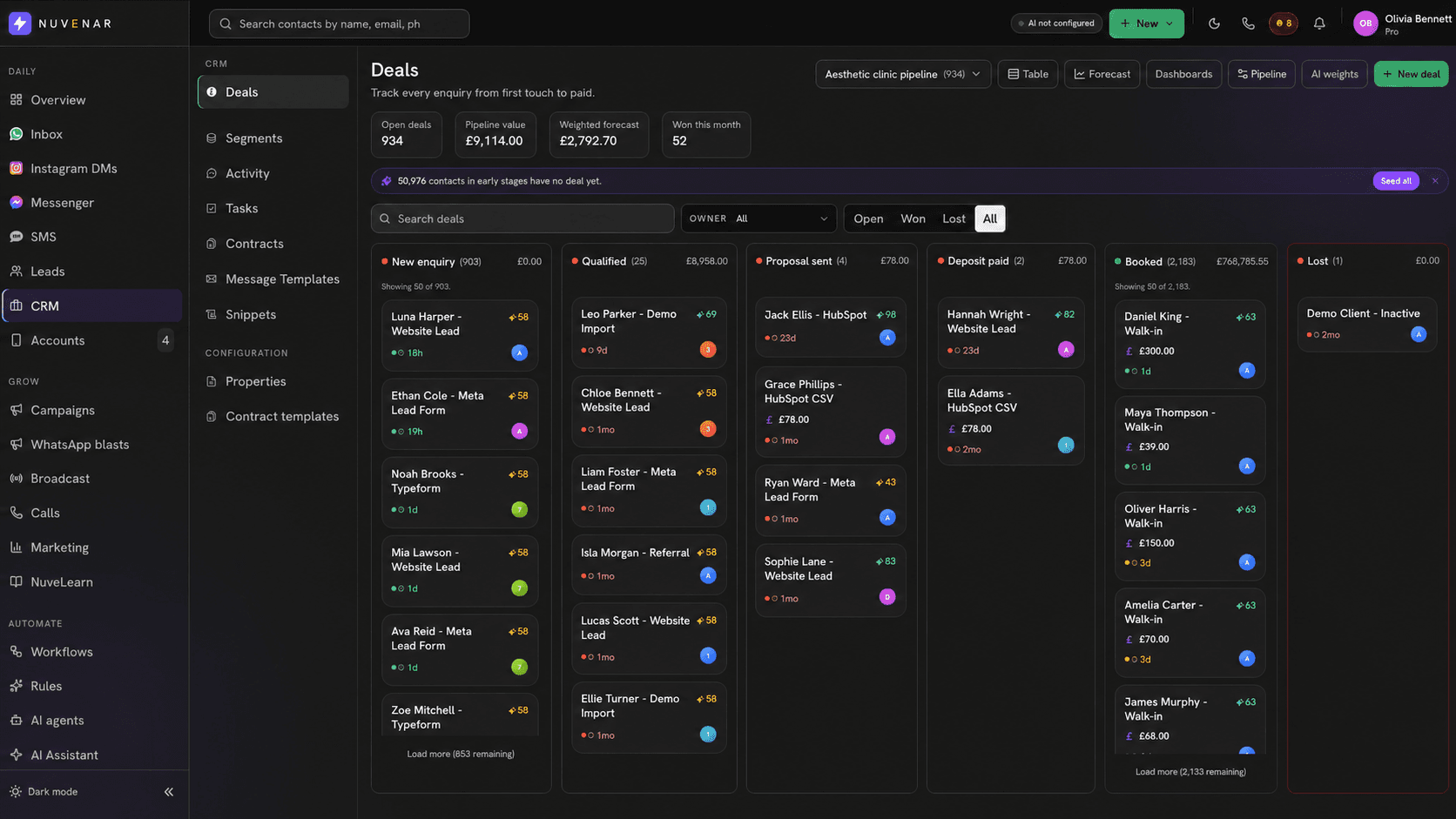 NuvenarHub deals pipeline: six-stage kanban with New enquiry (903), Qualified (25), Proposal sent (4), Deposit paid (2), Booked (2,183 deals worth £768,785), Lost (1). Cards show mixed lead sources and per-deal AI scores.