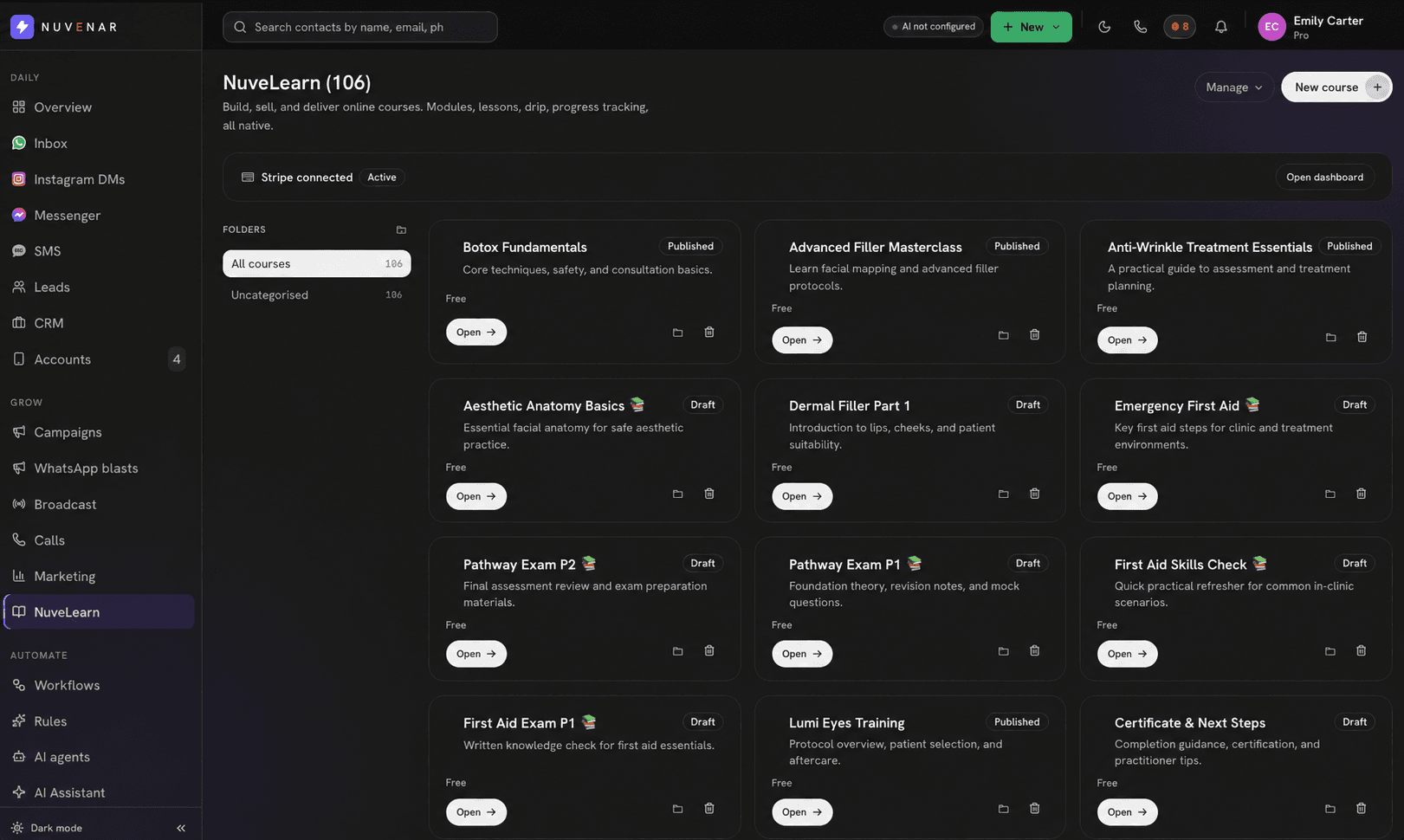NuveLearn course library inside NuvenarHub: 106 published courses with categories, publish state and quick actions, all inside the same tool that runs the CRM.