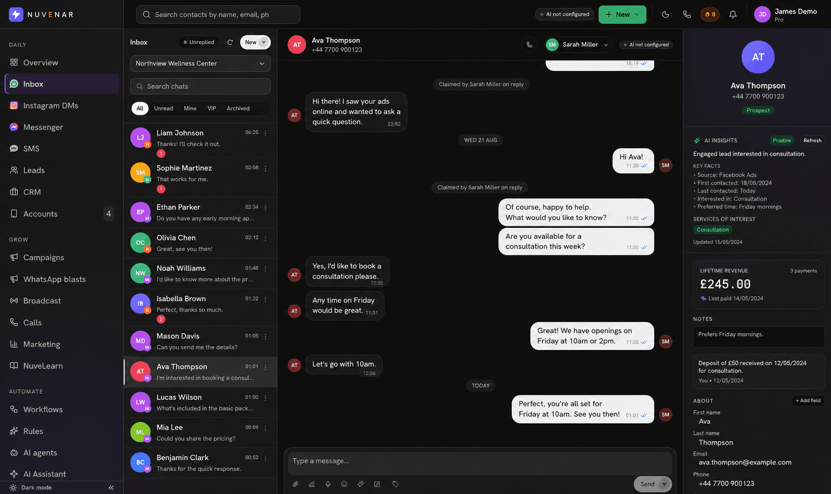 NuvenarHub unified inbox showing WhatsApp conversations with contact list on the left, active thread in the middle, and full contact profile with lifetime revenue on the right.